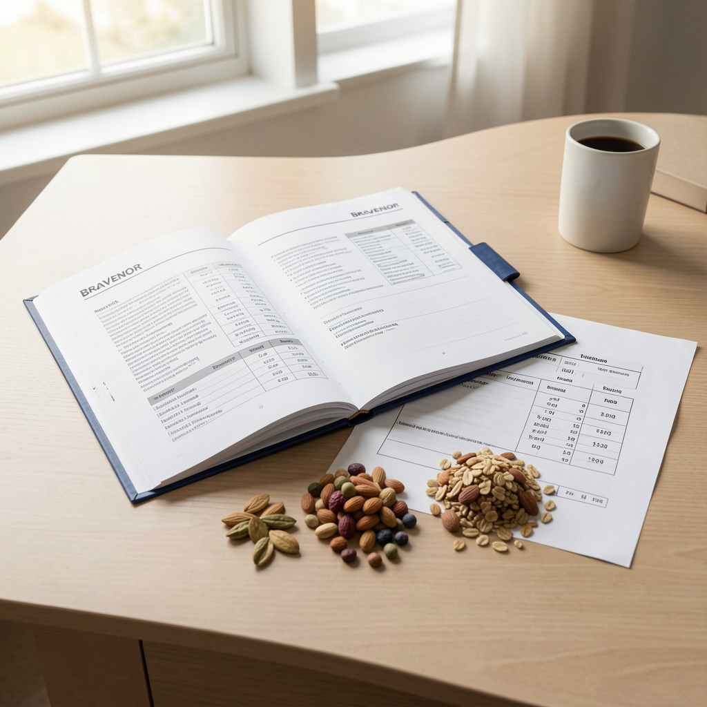 Bravenor supplement reference catalogue open on a clean desk with natural daylight, whole-food ingredient samples laid alongside printed batch verification sheets