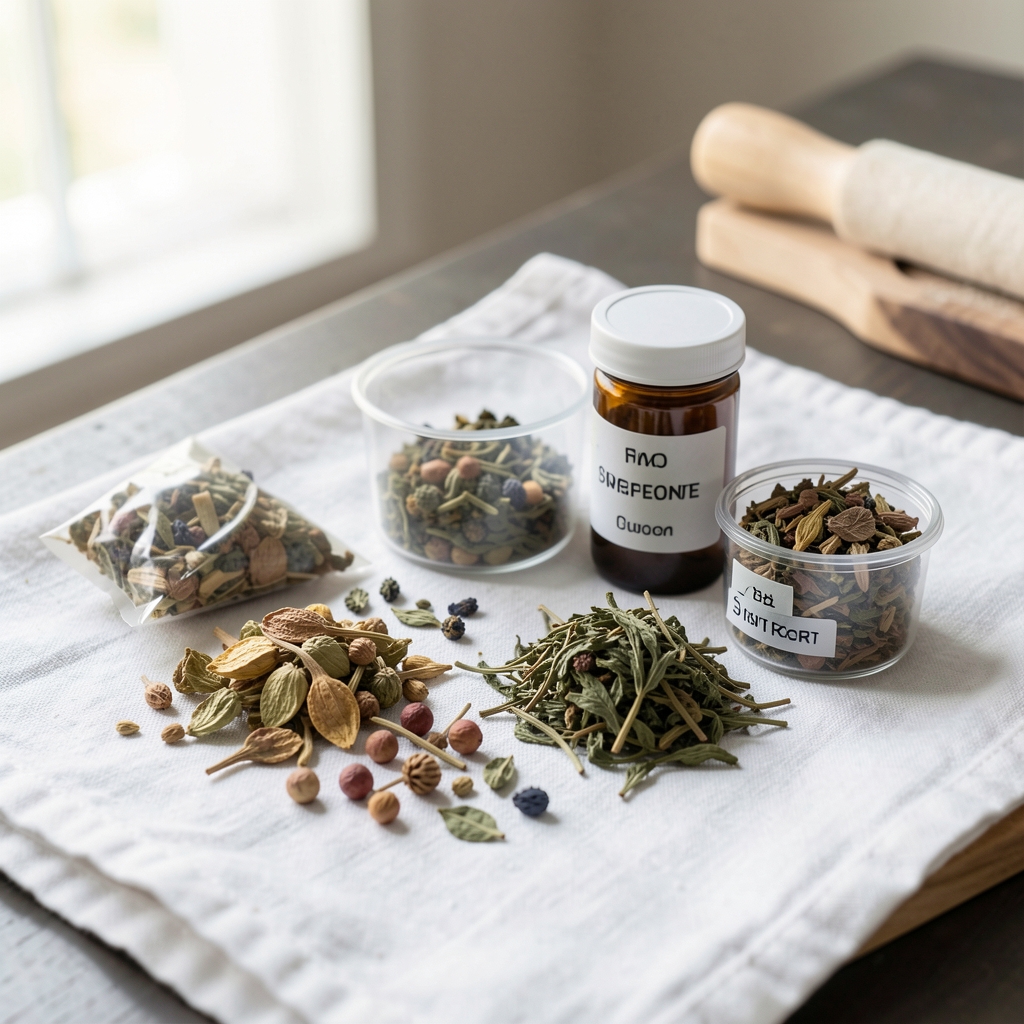 Selection of dried plant-based supplement ingredients arranged on a white linen surface in a well-lit workspace, with small measurement containers and source labels