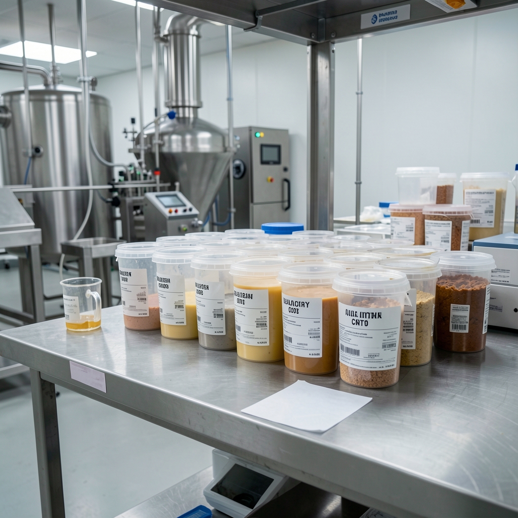 Quality control bench in a food-grade processing environment showing batch-coded containers lined up for inspection under controlled studio lighting