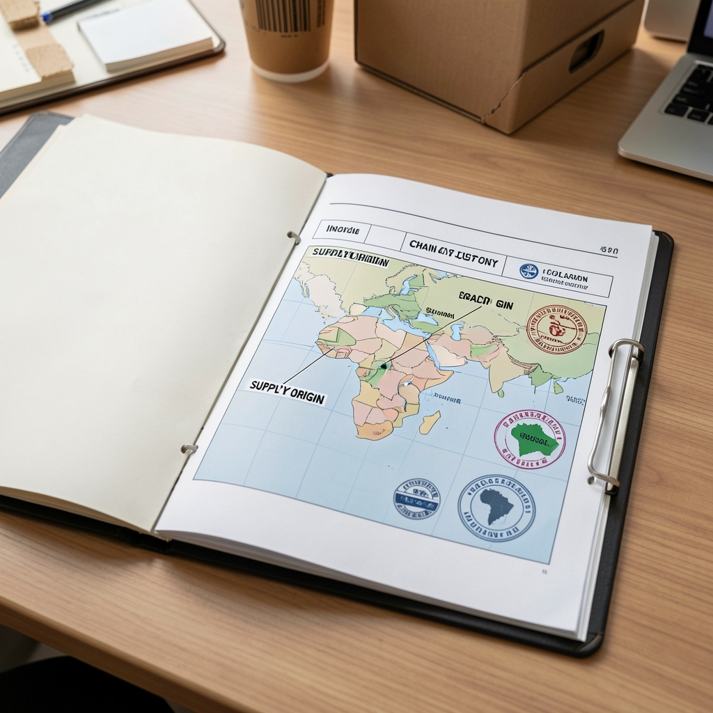 An open logistics folder on a desk showing chain-of-custody documentation with a map overlay marking supply origin regions in India and Brazil alongside quality certification stamps