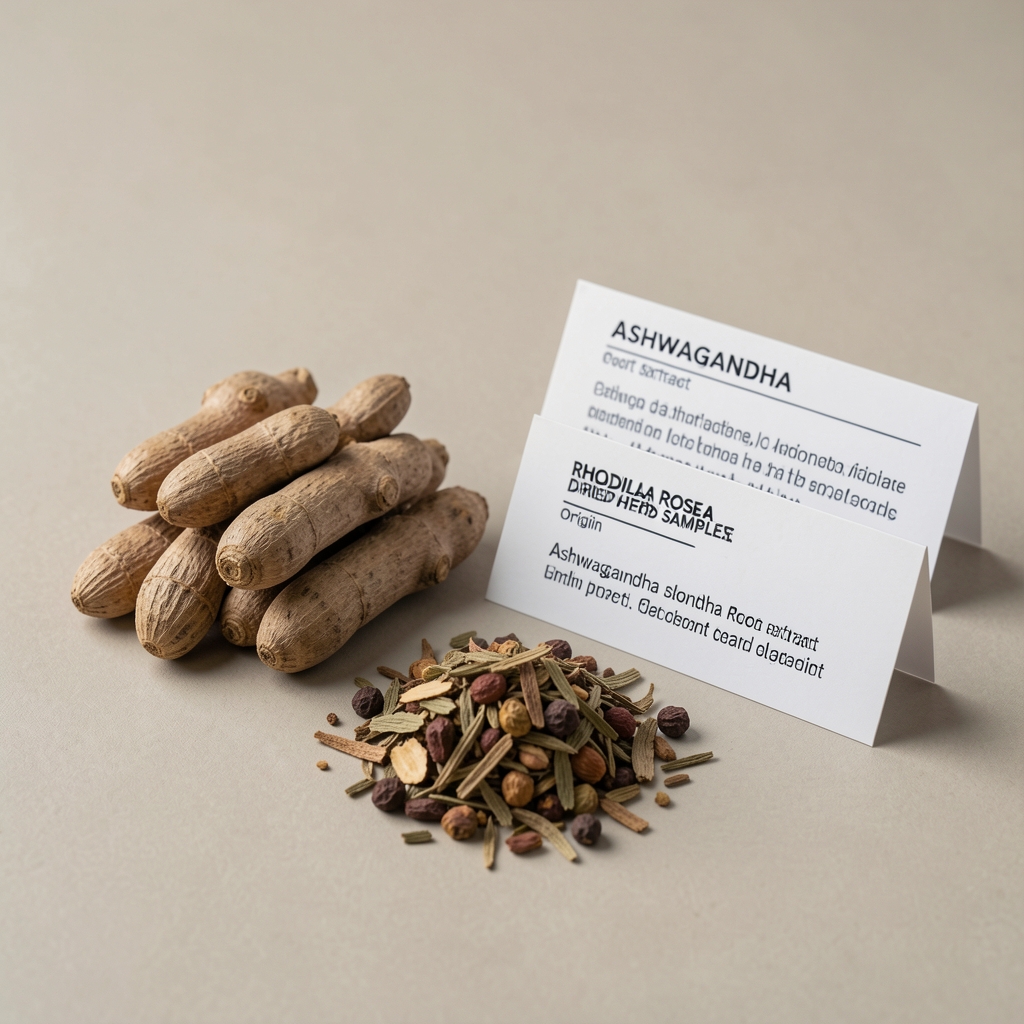 Ashwagandha root extract and rhodiola rosea dried herb samples arranged on a neutral surface alongside printed origin documentation cards in a clean workspace
