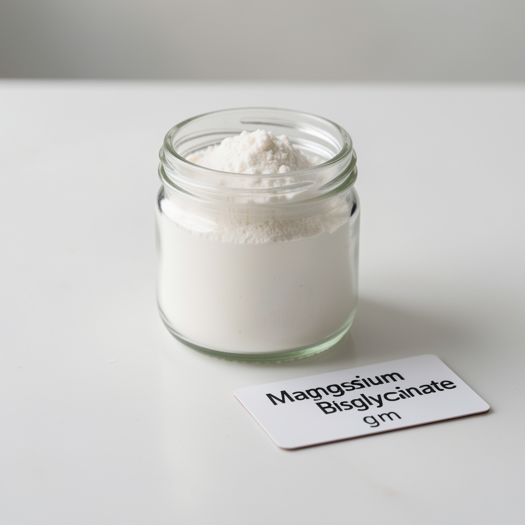 Magnesium bisglycinate powder in a small glass jar on a white ceramic surface, with a reference measurement card showing the serving quantity in grams