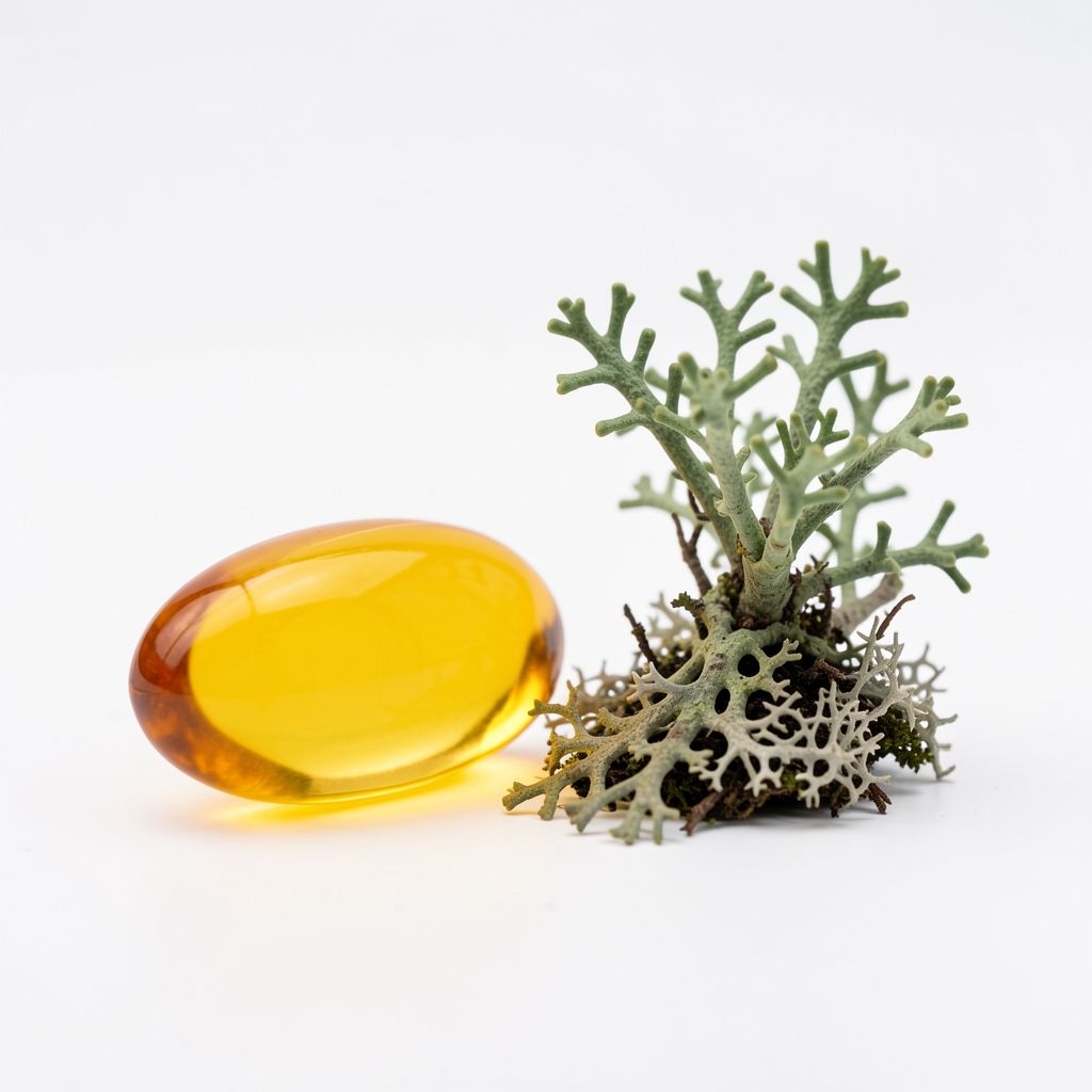 Vitamin D3 oil-based soft gel next to a small lichen plant sample showing the vegan source origin on a clean white background with soft studio lighting