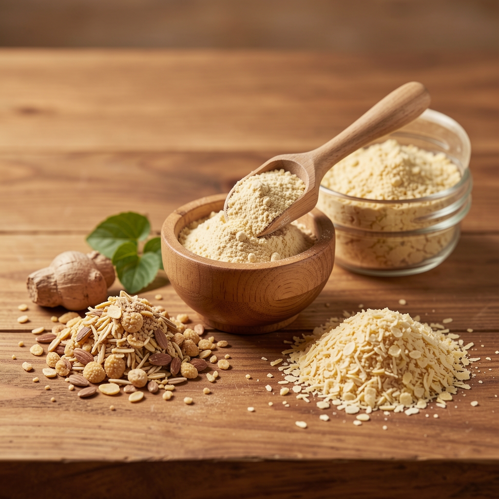 B-vitamin complex powder measured out in a small vessel alongside whole food source samples including nutritional yeast on a wooden reference surface in controlled studio lighting